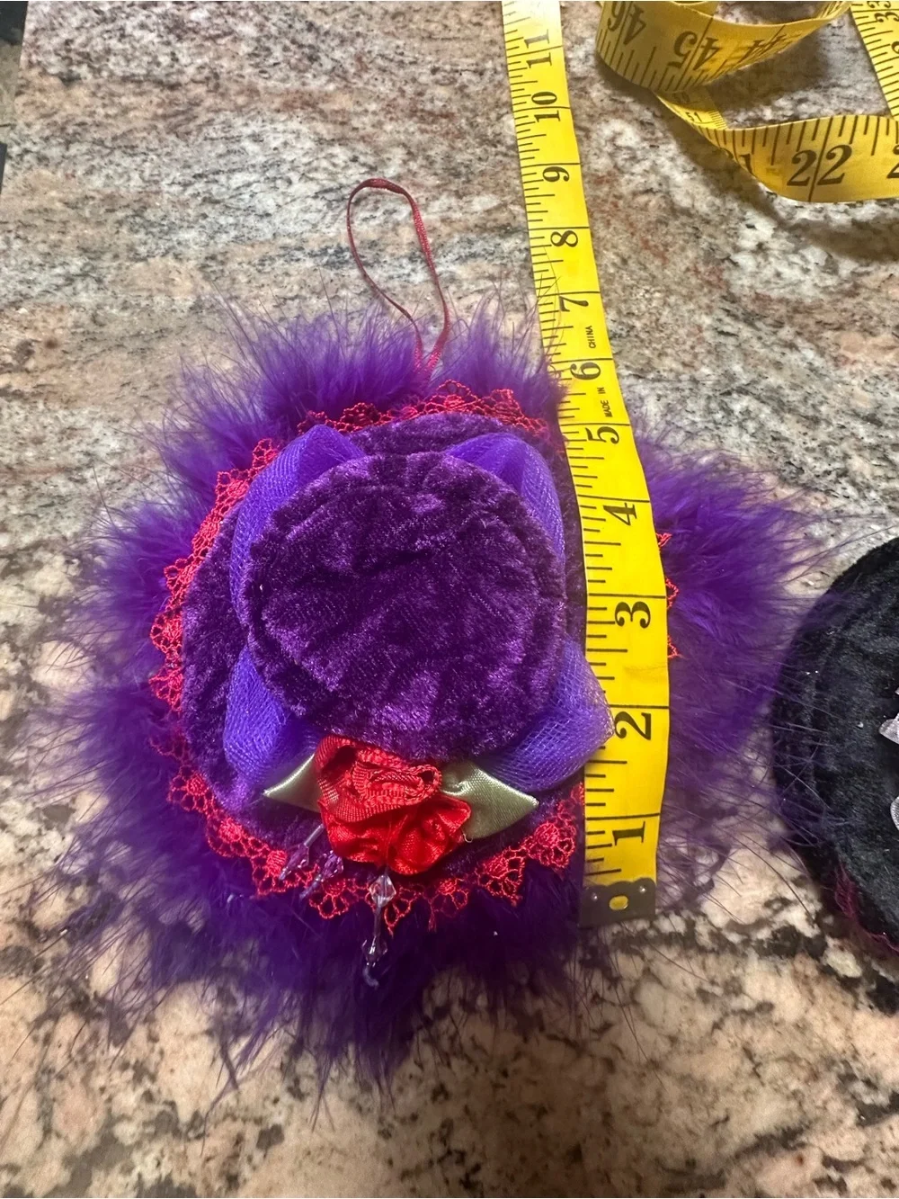 Vintage-Inspired Purple and Red Feathered Pillbox Hat Set - Hanging Decorations